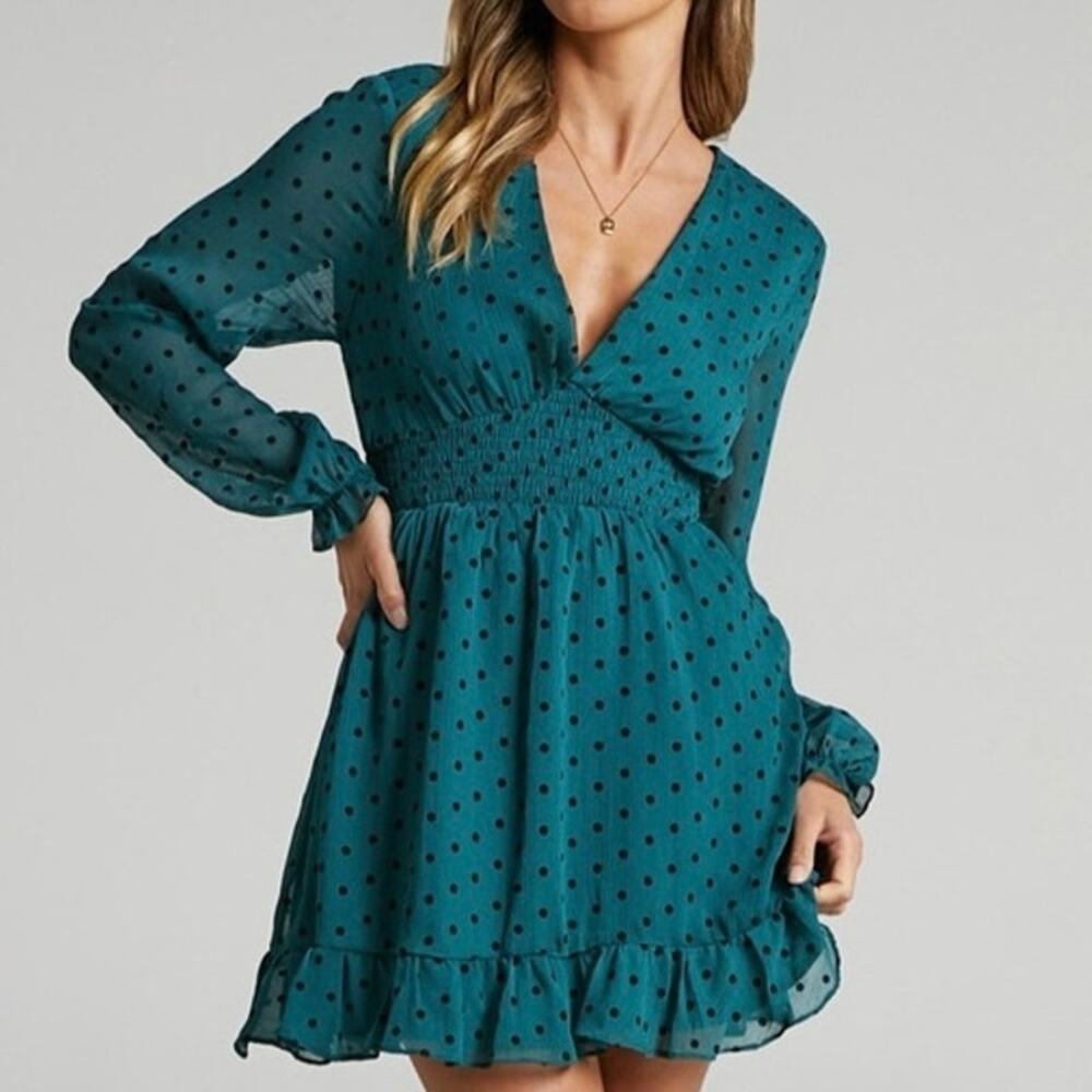 Showpo Pretty As You Green Polka Dot Long Sleeve Mini Dress